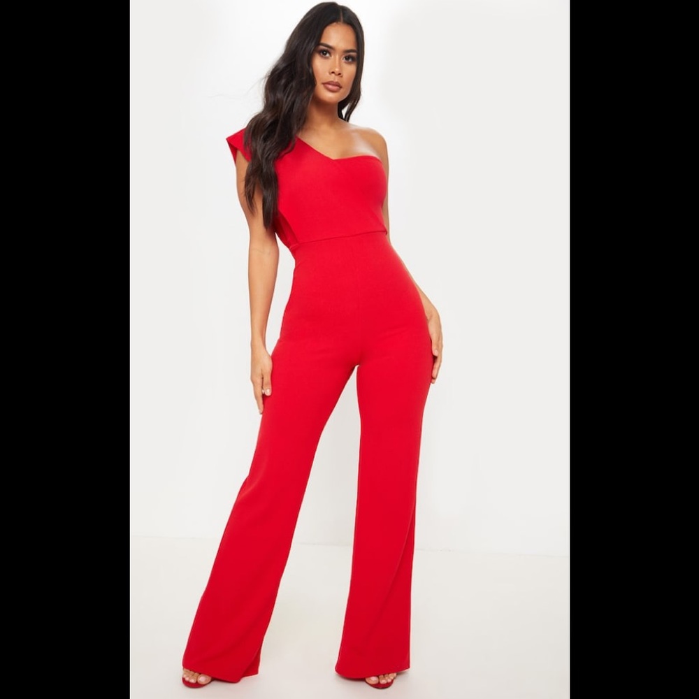 Worn once Red Drape One Shoulder Jumpsuit from PrettyLittleThing
